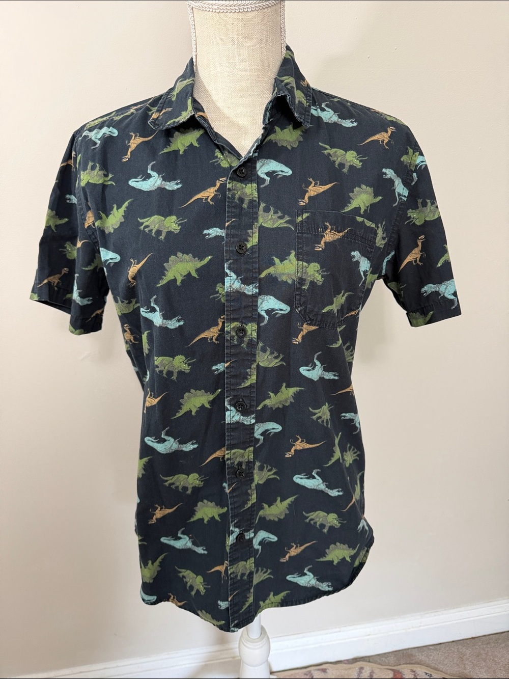 RUDE Black‎ Short-Sleeve Button-Down with Multicolor Dinosaur Print